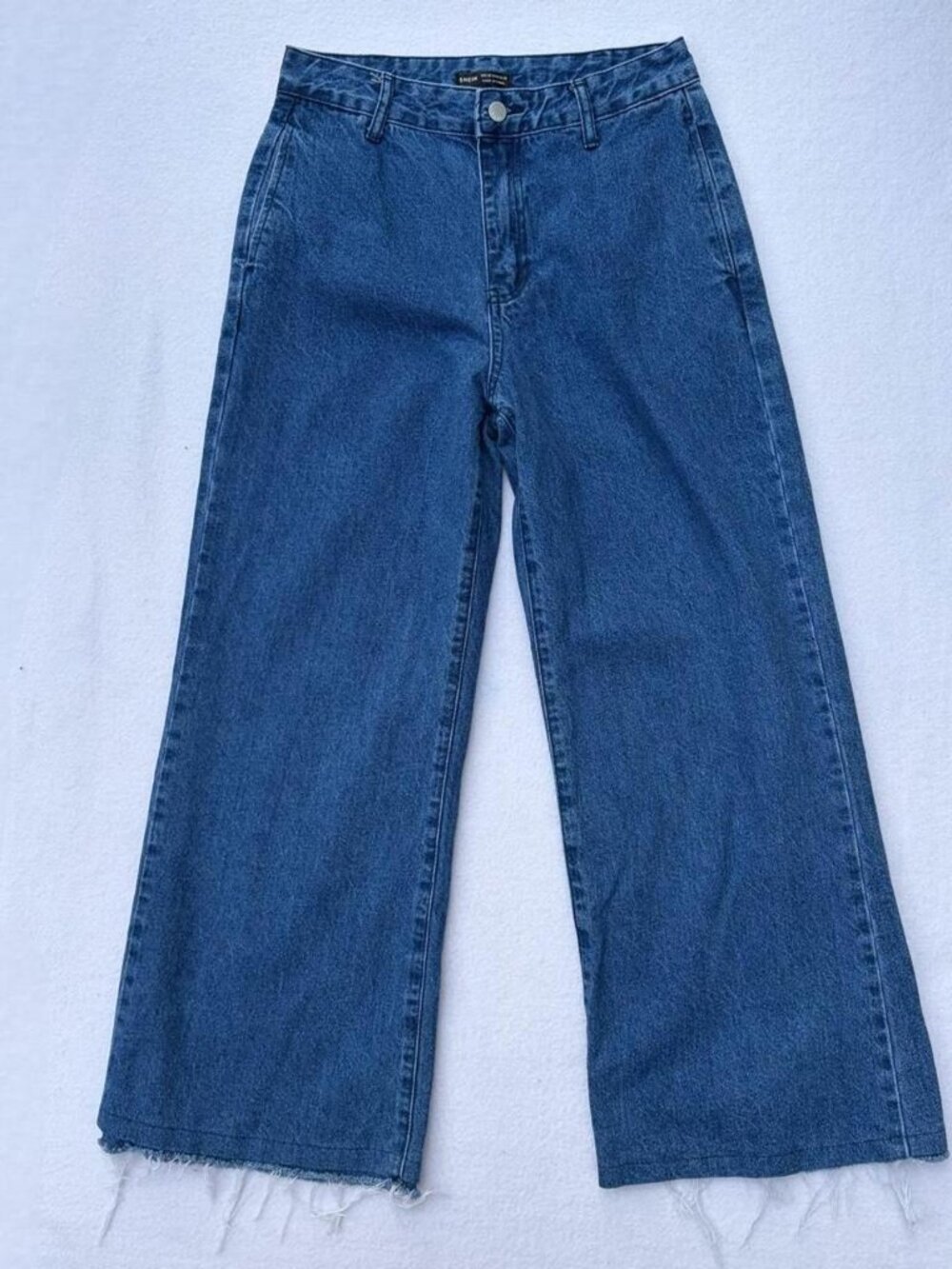Shein Medium Wash Blue Denim Wide Leg Cropped Distressed Jeans Sz 10 Casual Fall